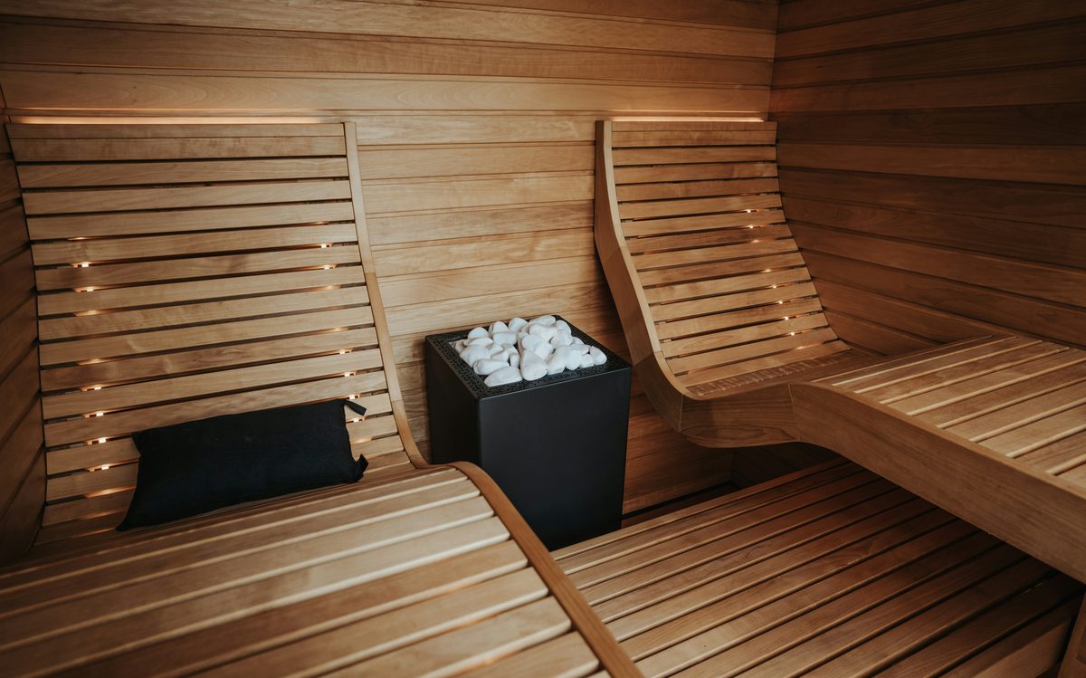 Wood sauna benches and heater stones